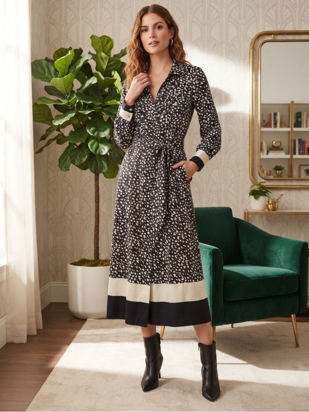 Black and Cream Printed Midi Shirt Dress with Contrast Hem